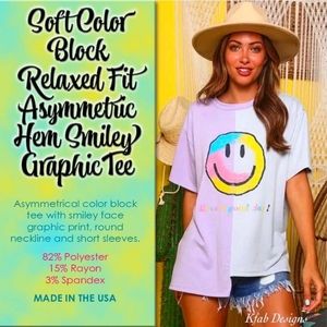 Soft Color Block Relaxed Fit Asymmetric Hem Smiley Graphic Tee